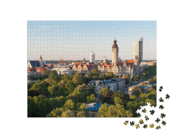 puzzle 1000 dílků „Panorama Lipska s radnicí při západu slunce, Německo“