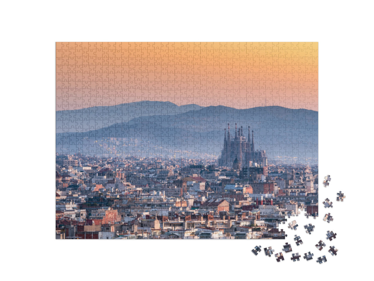 puzzle 1000 dílků „Pohled na Barcelonu s chrámem Sagrada Familia při východu slunce, Španělsko“