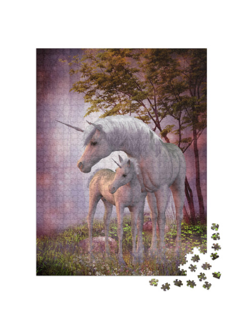 puzzle 1000 dílků „Jednorožčí klisna a hříbě v kouzelném lese“