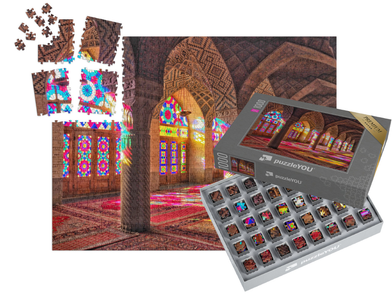 SMART SORTED® | Puzzle 1000 dílků „Barevná vitrážová okna mešity Nasir al-Mulk v íránském Šírázu“