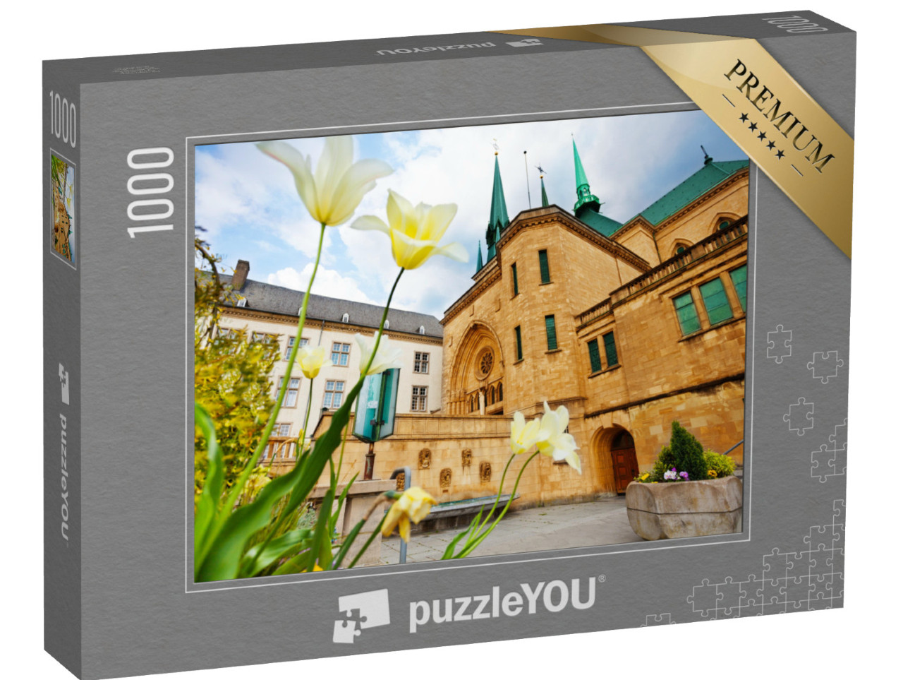 puzzle 1000 dílků „Bílé květiny před katedrálou Notre-Dame, Lucemburk“
