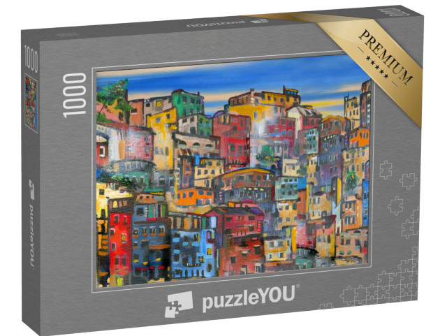 puzzle 1000 dílků „Ilustrace: Barevné, hustě zaplněné fasády domů“