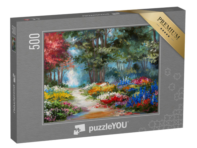 puzzle 500 dílků „Olejomalba: Lesní cesta lemovaná květinami“