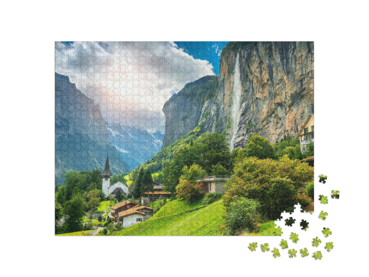 puzzle 1000 dílků „Malebná alpská vesnice s vodopádem Staubbach, Lauterbrunnen, Švýcarsko“