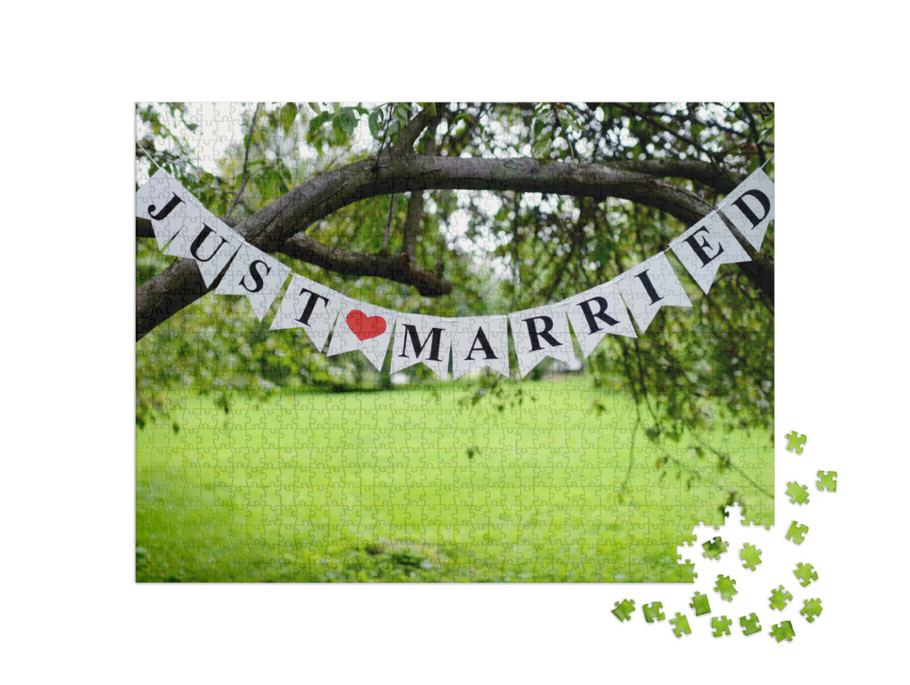 puzzle 1000 dílků „Krásný svatební nápis "just married" na th“