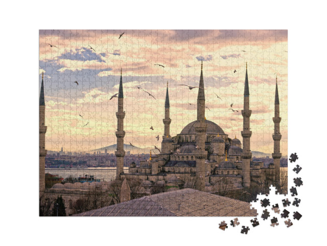puzzle 1000 dílků XXL „Západ slunce nad Modrou mešitou (Sultanahmet Camii), Istanbul, Turecko“