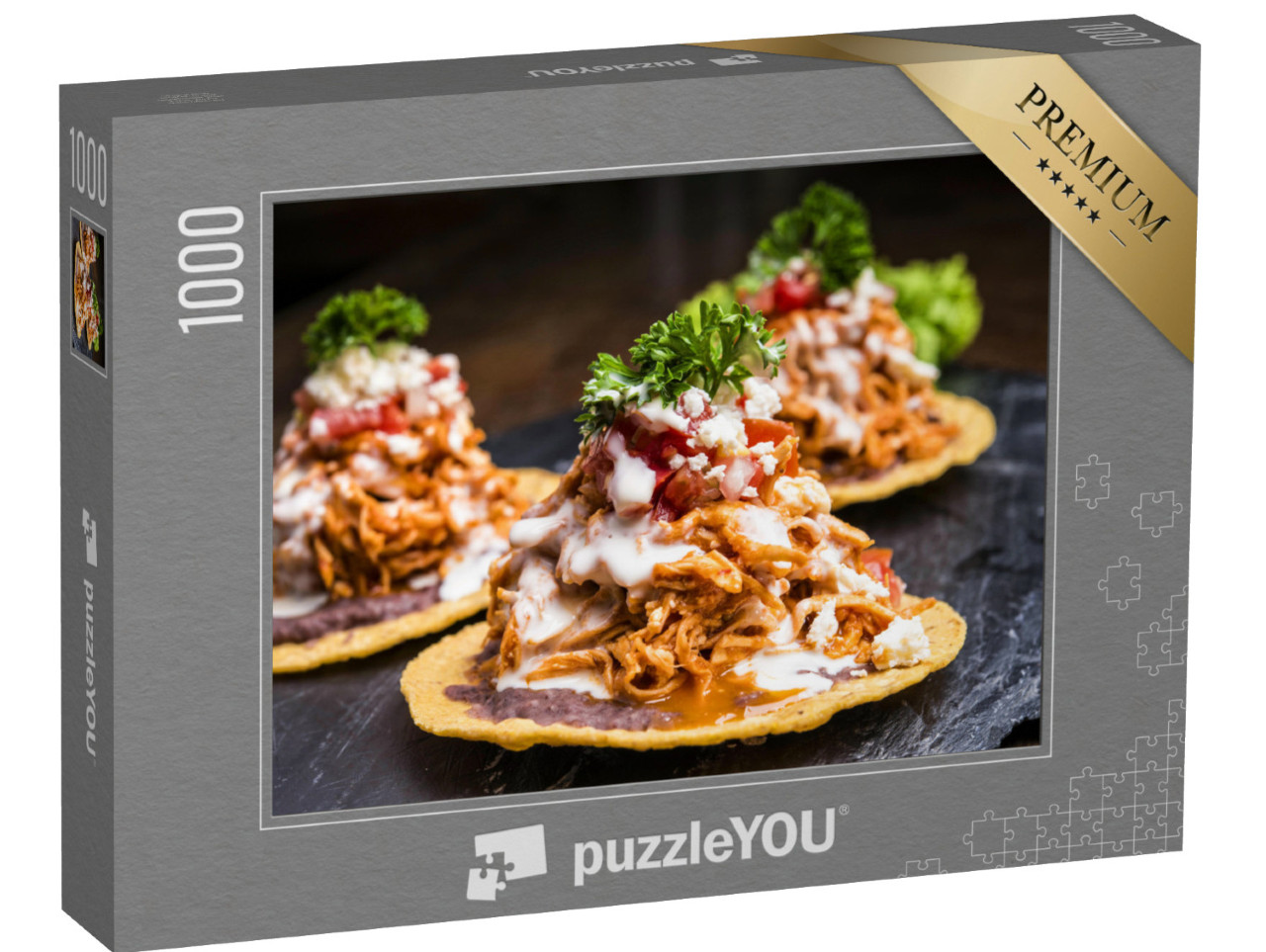 puzzle 1000 dílků „Lahodné tostadas v mexickém stylu s kuřecím masem“