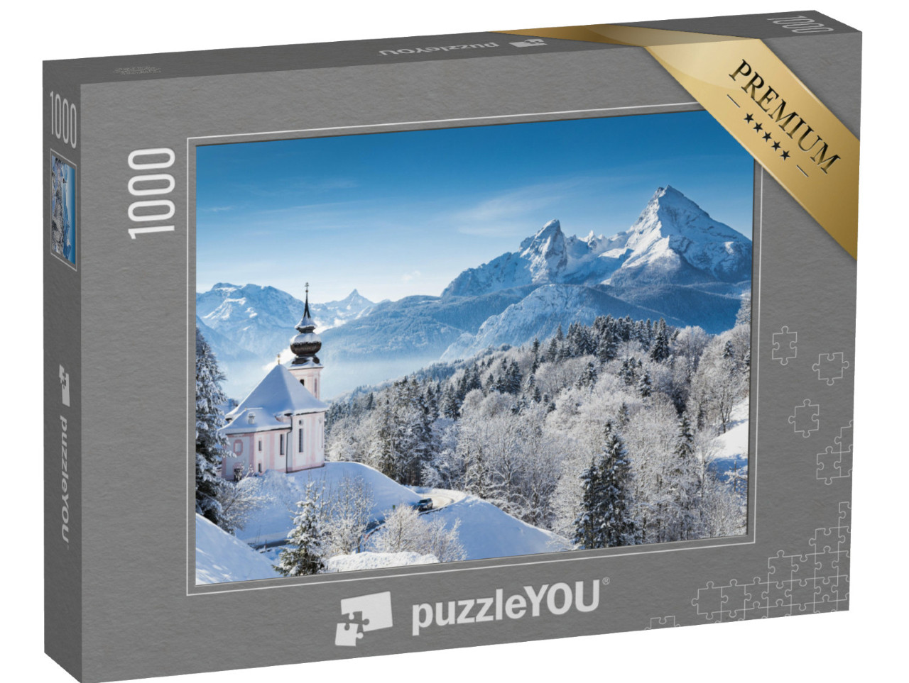 puzzle 1000 dílků „Poutní kostel a vrchol Watzmann v zimě, Berchtesgadener Land, Německo“