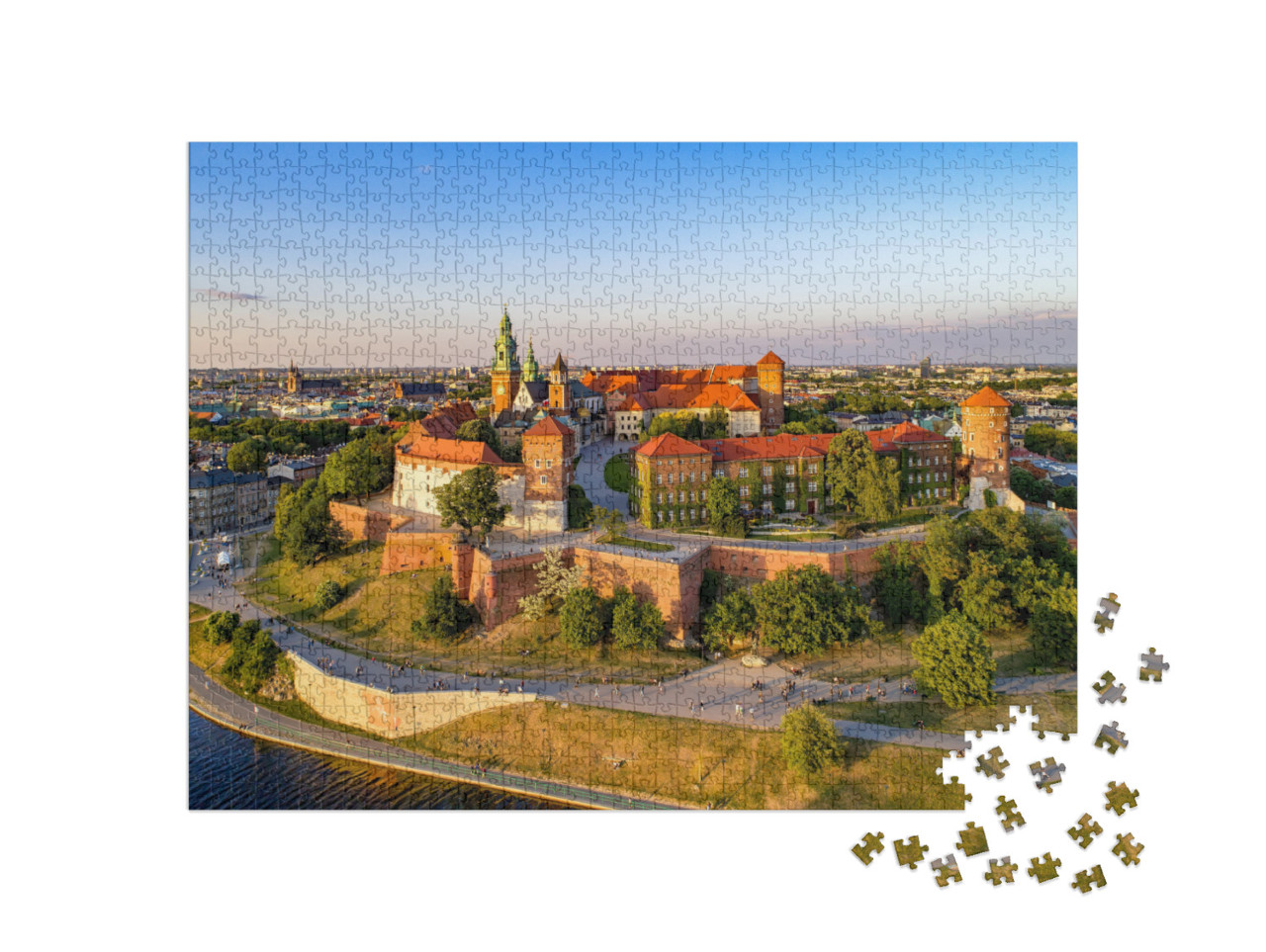 puzzle 1000 dílků „Panorama s Wawelem, katedrálou a břehy Visly, Krakov, Polsko“