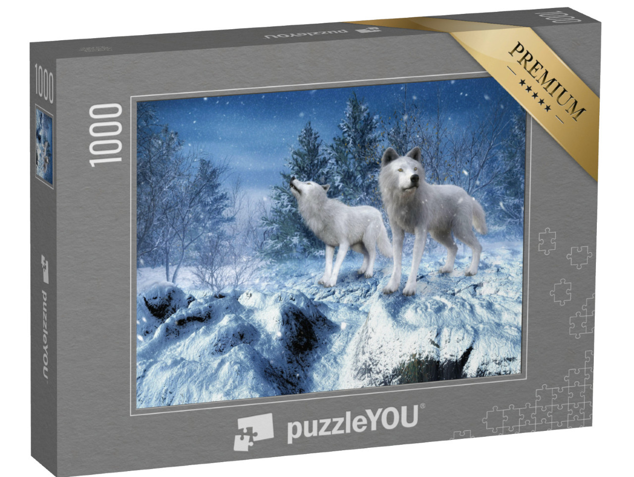 puzzle 1000 dílků „Zimní krajina se dvěma bílými vlky“