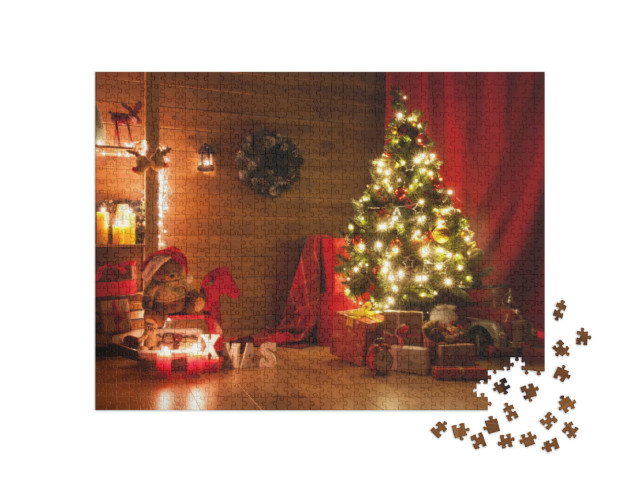 puzzle 1000 dílků „Slavnostně vyzdobený pokoj o Vánocích“