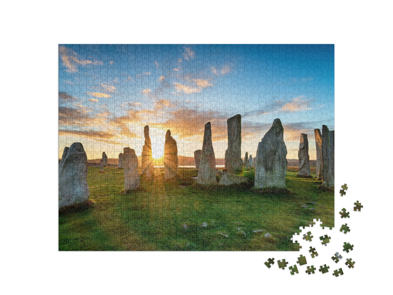 puzzle 1000 dílků „Mystický západ slunce nad kamenným kruhem v Callanish, ostrov Lewis, Skotsko“