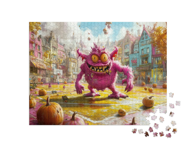 puzzle 1000 dílků „Fialové monstrum na basketbalovém hřišti na Halloween“