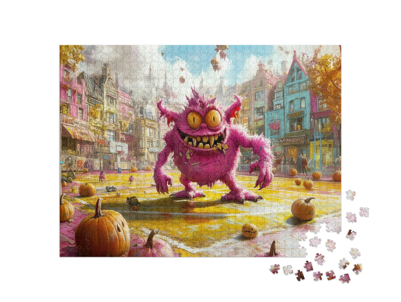 puzzle 1000 dílků „Fialové monstrum na basketbalovém hřišti na Halloween“