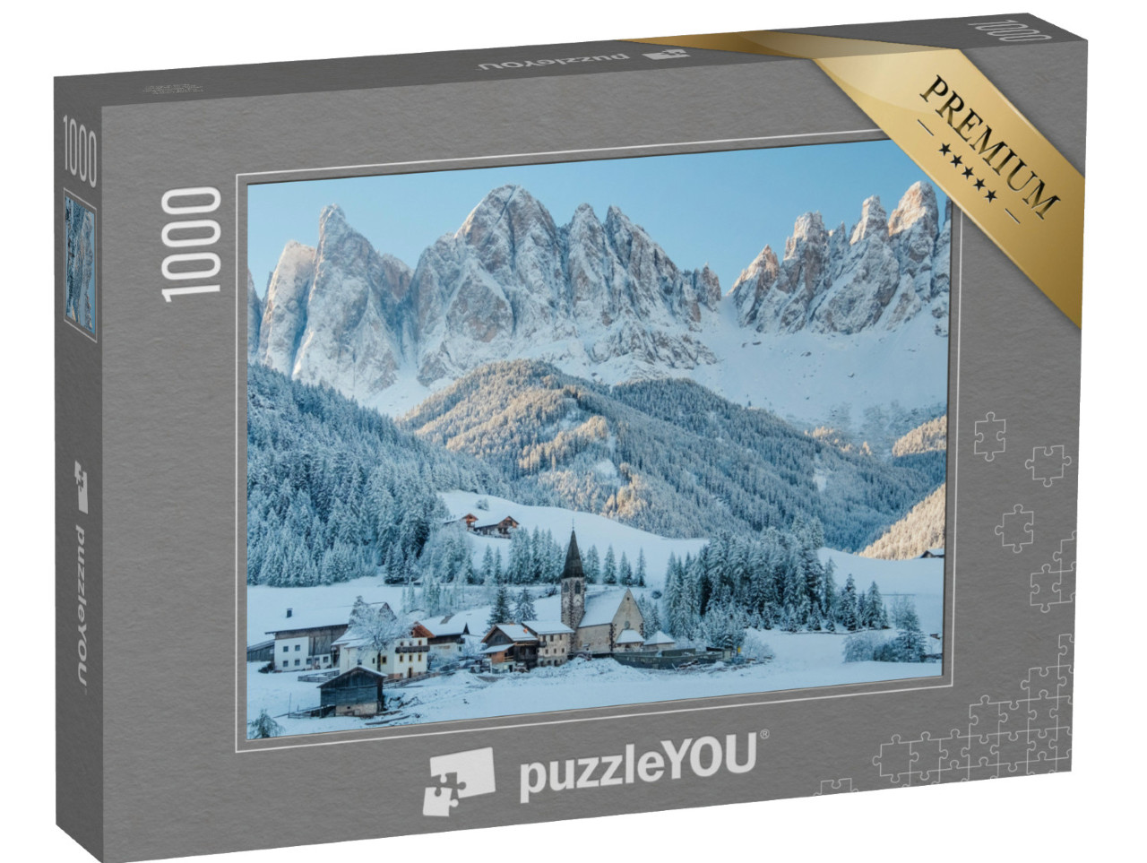 puzzle 1000 dílků „Zasněžená vesnice Val di Funes, Jižní Tyrolsko, Itálie“