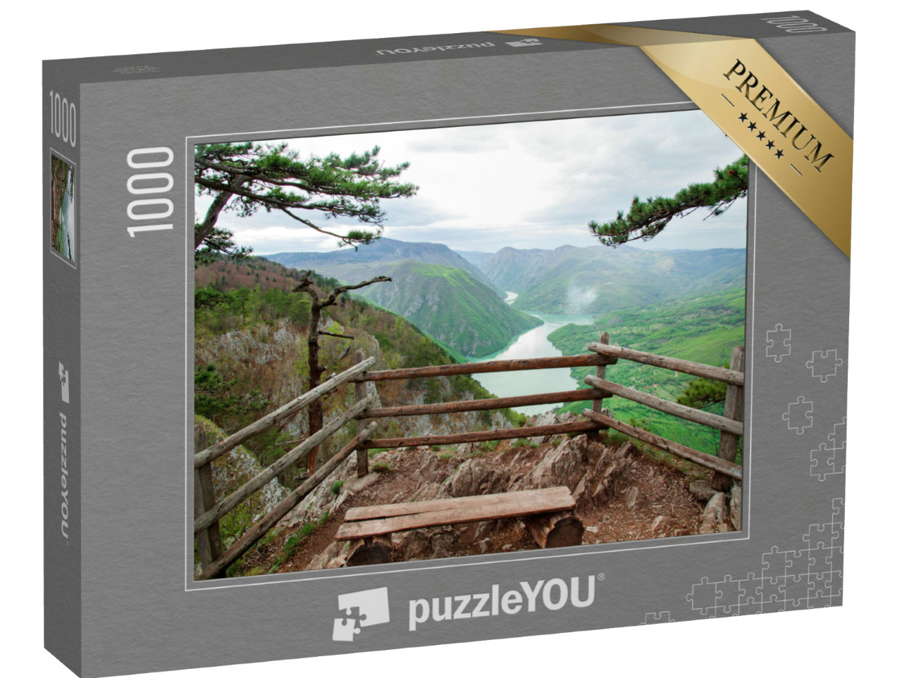 puzzle 1000 dílků „Krajina s řekou Drinou, horami a jezerem v Srbsku“