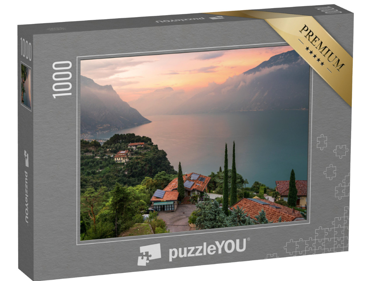 puzzle 1000 dílků „Večerní panorama jezera Lago di Garda, Itálie“