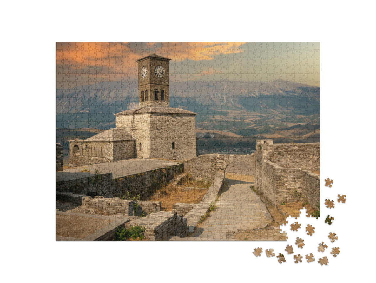 puzzle 1000 dílků „Hodinová věž a pevnost v Gjirokasteru, Albánie“