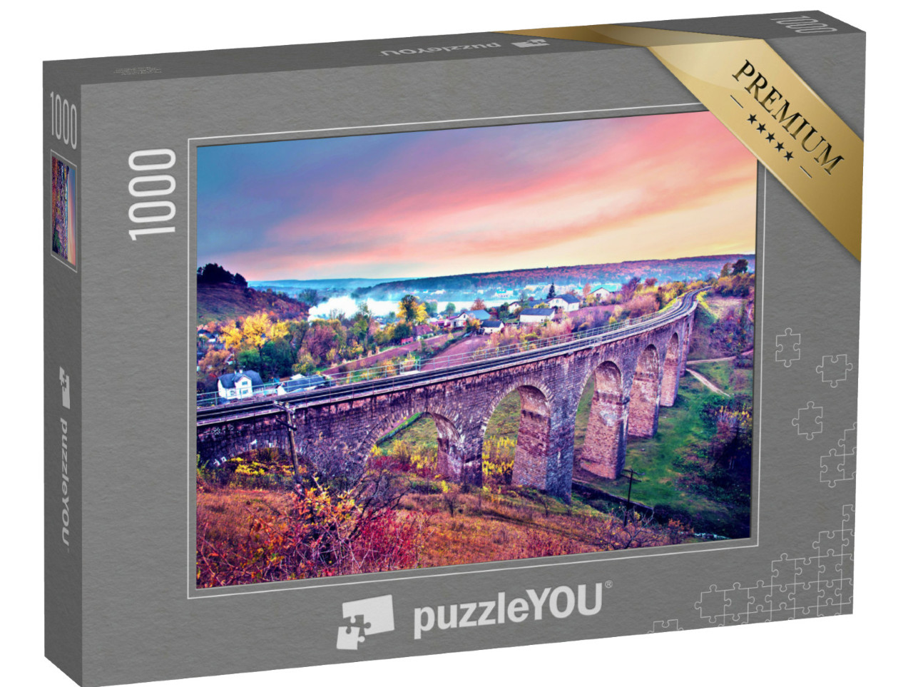 puzzle 1000 dílků „Podzimní krajina s viaduktem a železniční tratí při západu slunce, Ukrajina“