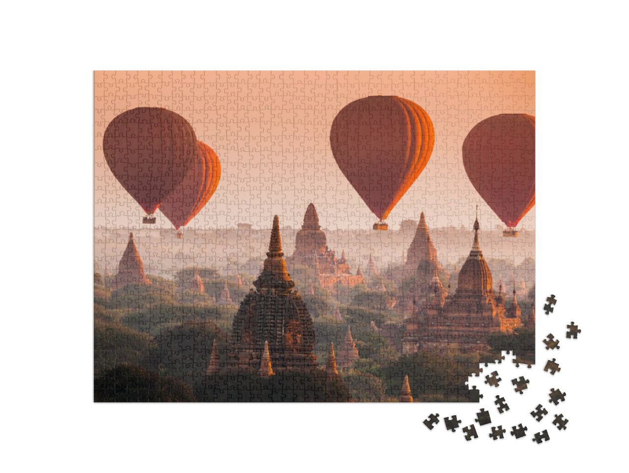 puzzle 1000 dílků „Horkovzdušný balón nad Baganskou planinou za mlhavého rána, Myanmar“