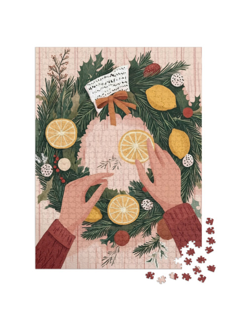 puzzle 1000 dílků „Ruce vytvoří stálezelený adventní věnec s citrony“