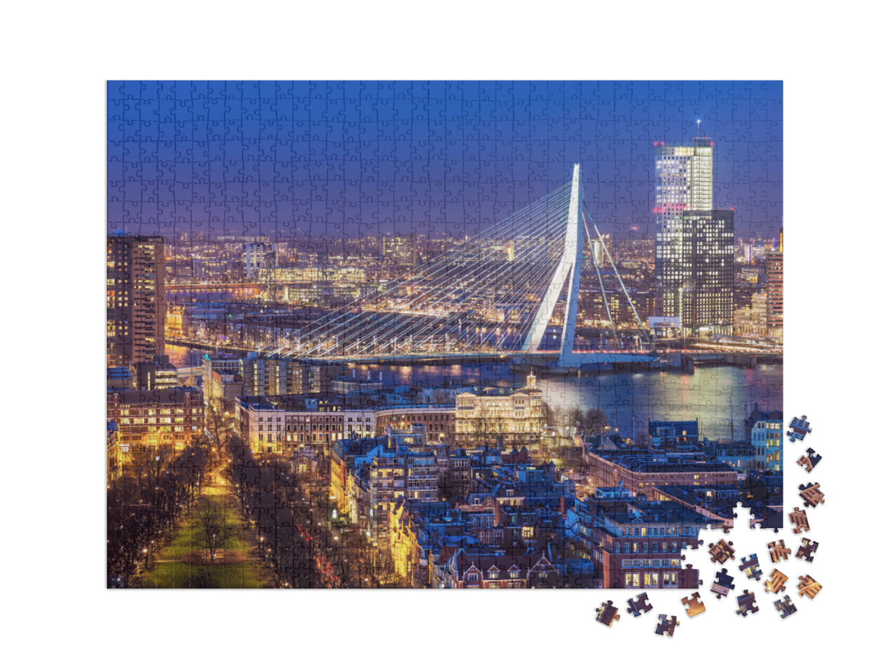 puzzle 1000 dílků XXL „Panorama Rotterdamu s Erasmovým mostem, Nizozemsko“