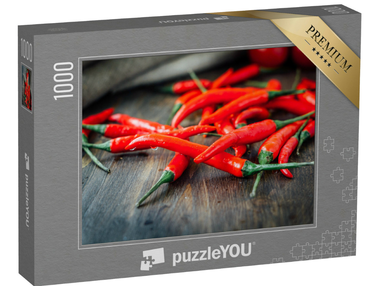puzzle 1000 dílků „Červené chilli papričky nad rustikálním dřevěným stolem“