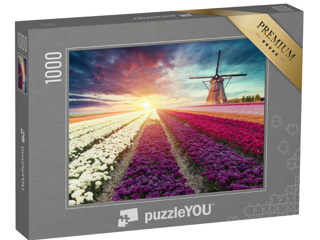 puzzle 1000 dílků „Krajina s větrným mlýnem a tulipány, Holandsko“