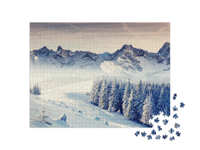 puzzle 1000 dílků „Fantastická zimní krajina. Dramaticky zatažená obloha. Kreativní koláž. Svět krásy“
