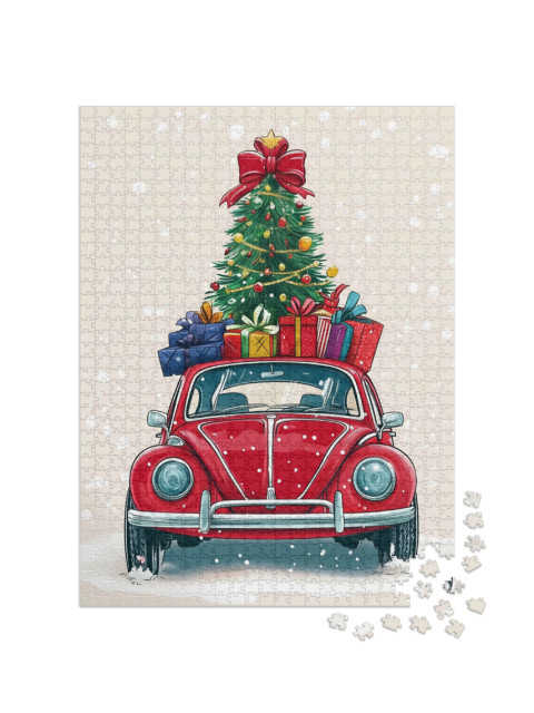 puzzle 1000 dílků „Červené auto, plně naložené dárky“