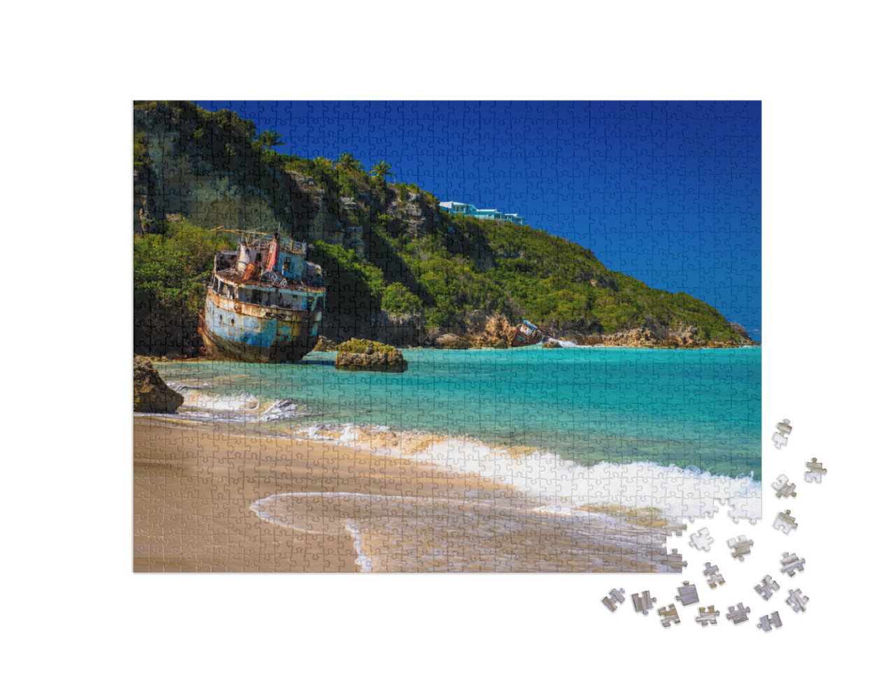 puzzle 1000 dílků „Vraky lodí na pláži v Anguille, Karibik“