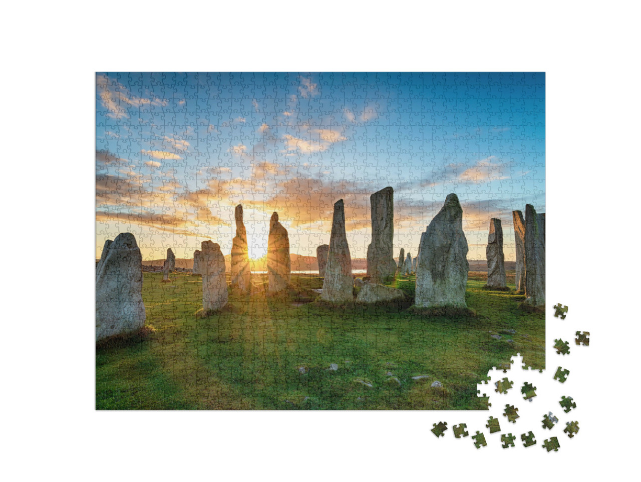 puzzle 1000 dílků „Mystický západ slunce nad kamenným kruhem v Callanish, ostrov Lewis, Skotsko“