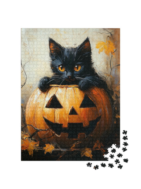 puzzle 1000 dílků „Černá kočka v dýni Halloween“