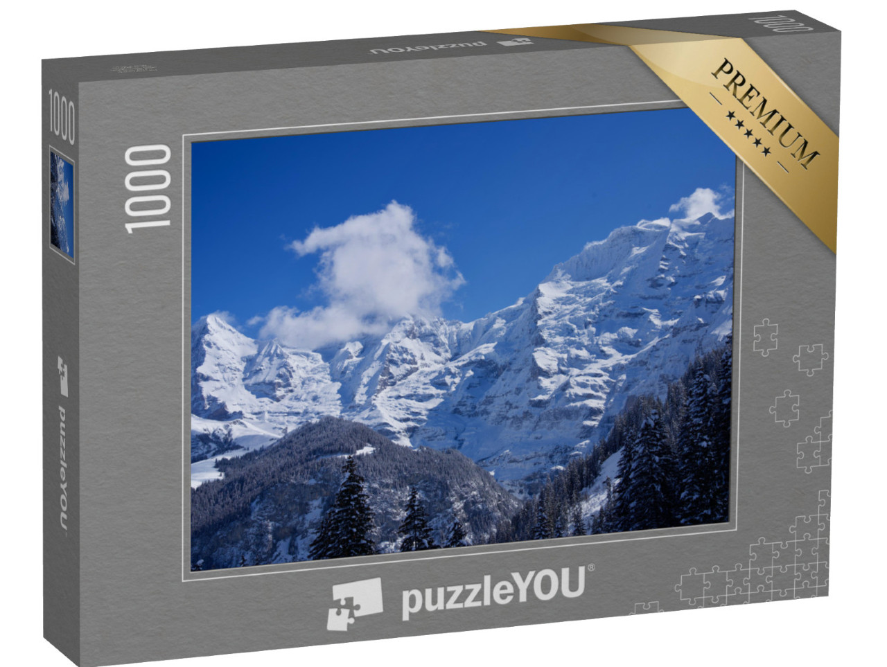 puzzle 1000 dílků „Panorama Bernských Alp s vrcholy Eiger, Mönch a Jungfrau, Švýcarsko“