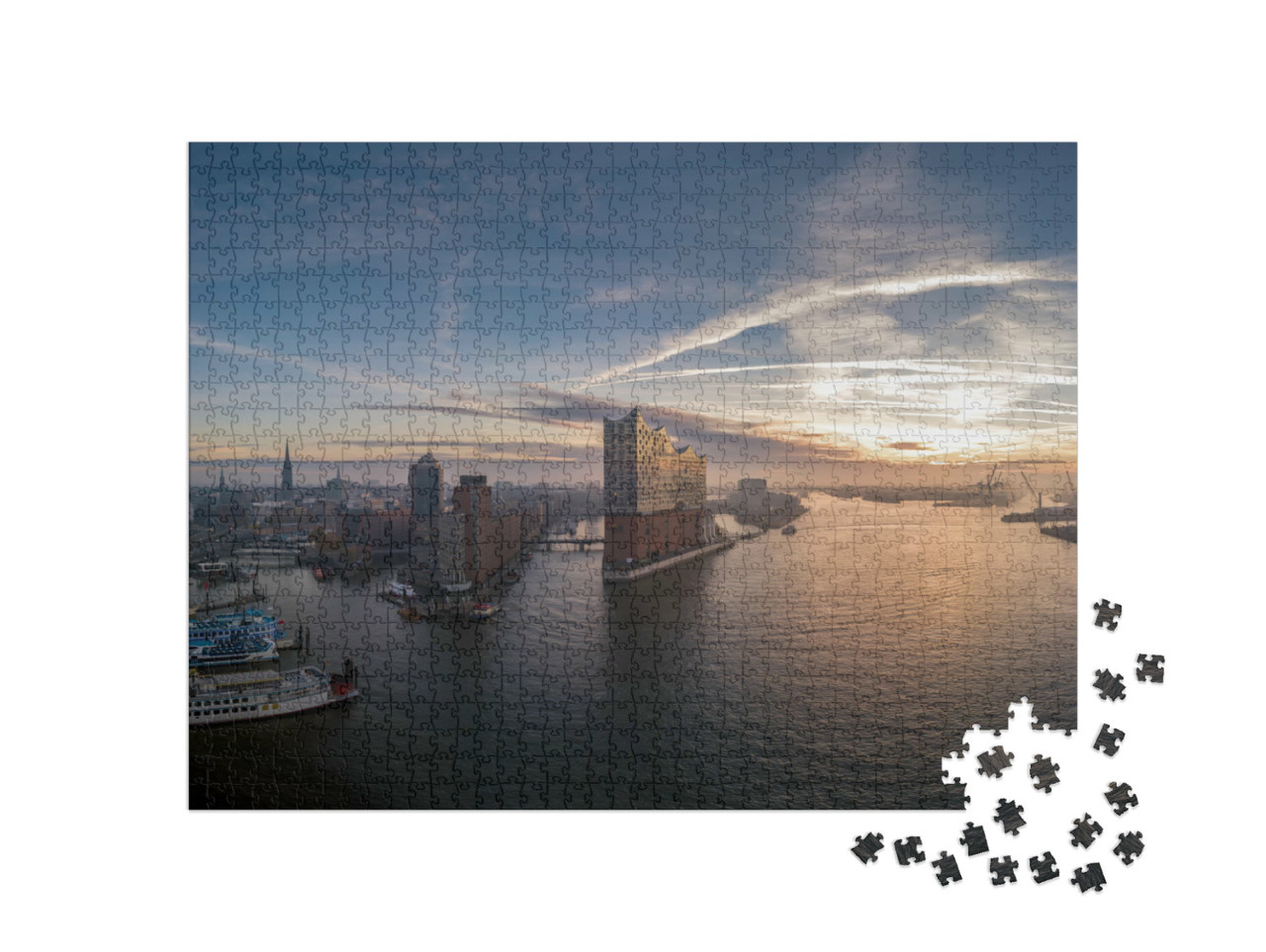 puzzle 1000 dílků „Hamburský přístav s krásným východem slunce“