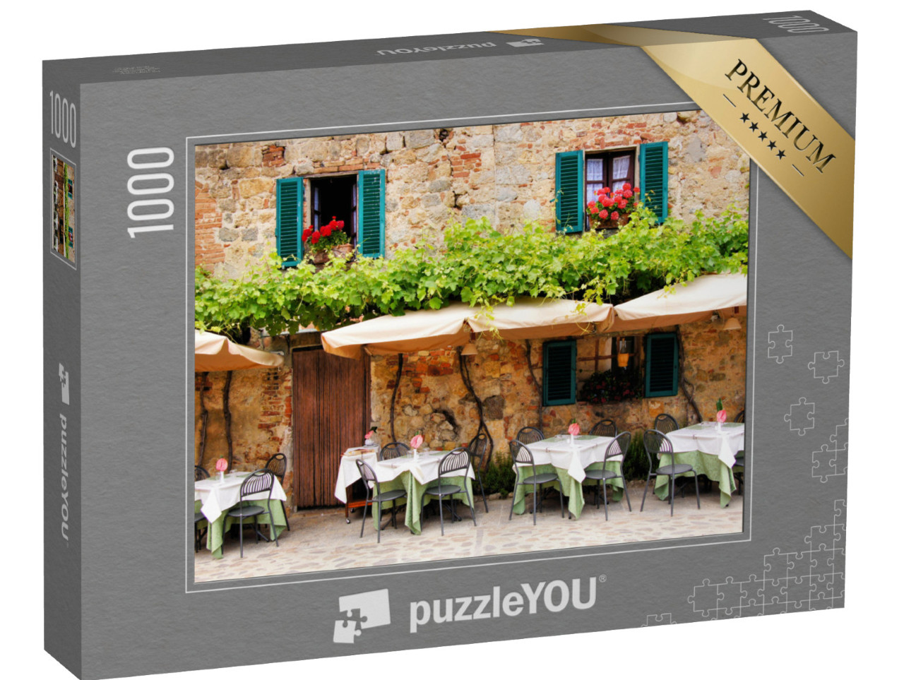 puzzle 1000 dílků „Kavárenské stolky a židle před malebnou kamennou budovou v Toskánsku, Itálie“