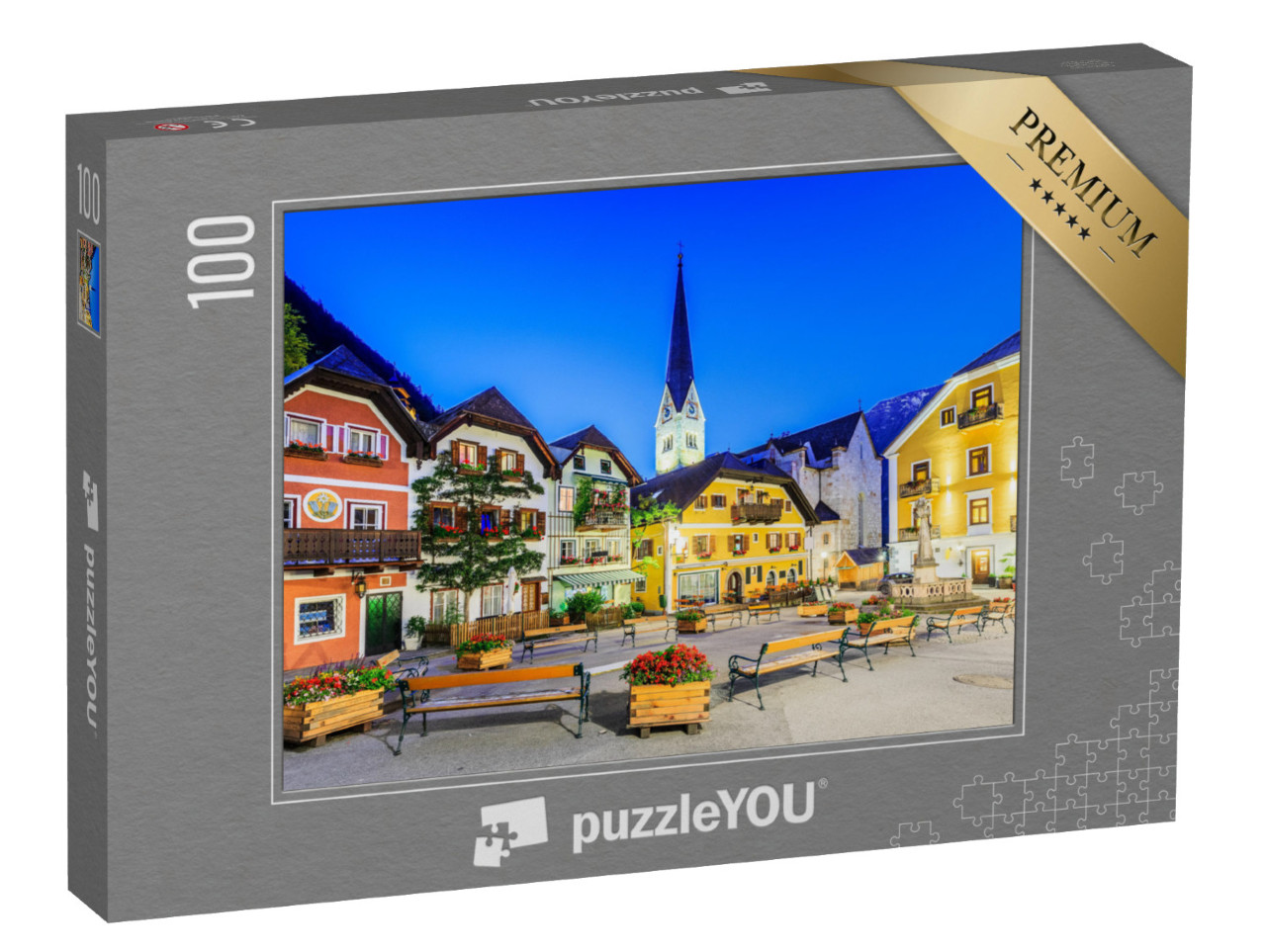 puzzle 100 dílků „Hallstatt, Rakousko, horská vesnice v rakouských Alpách za soumraku“