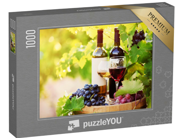 puzzle 1000 dílků „Víno na dřevěném sudu na vinici“
