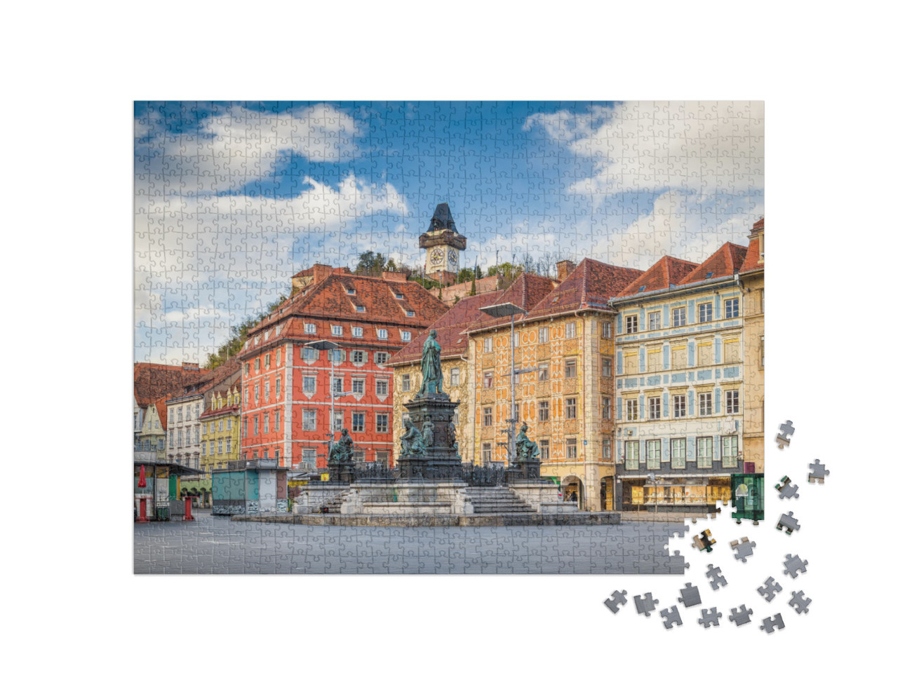 puzzle 1000 dílků „Historické město Štýrský Hradec se slavnou Štýrskou hodinovou věží, Rakousko“