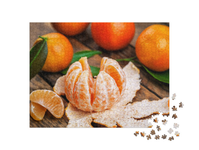 puzzle 1000 dílků „Šťavnaté mandarinky, mandarinka, zelené listy“