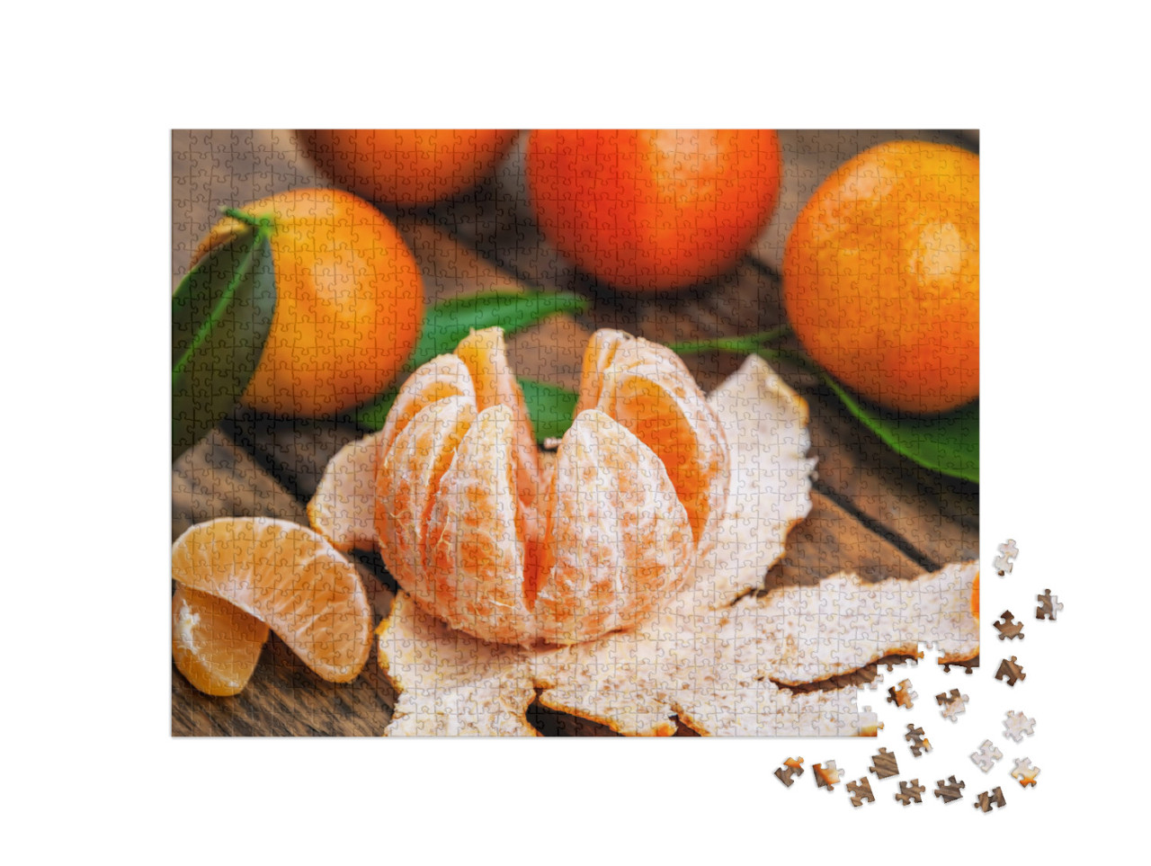 puzzle 1000 dílků „Šťavnaté mandarinky, mandarinka, zelené listy“