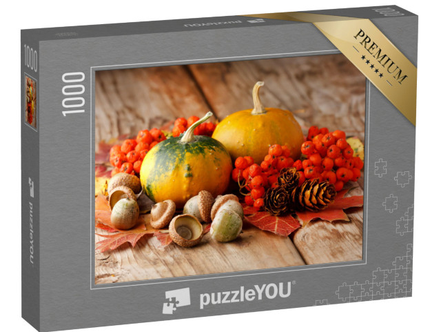 puzzle 1000 dílků „Sklizené dýně s podzimním listím a ořechy“