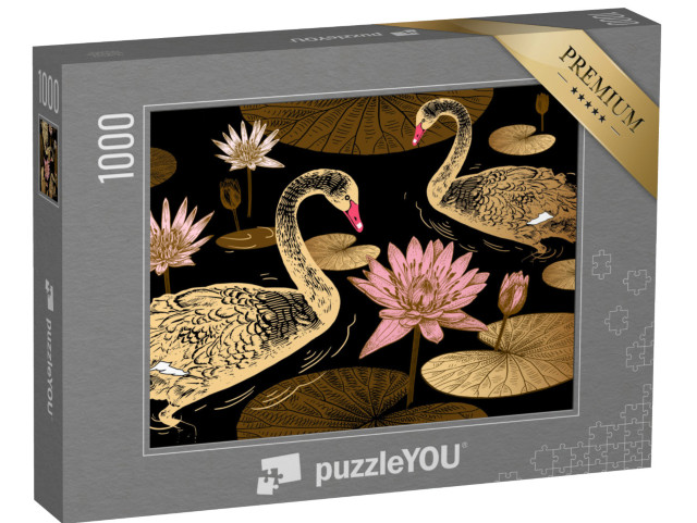 puzzle 1000 dílků „Vzor s ptáky, květy a listy leknínů“