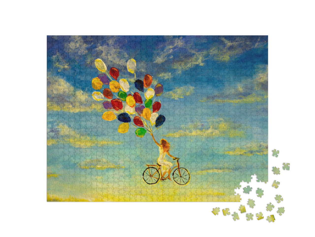 puzzle 1000 dílků „Dívka na kole letí oblohou na barevných balónech“