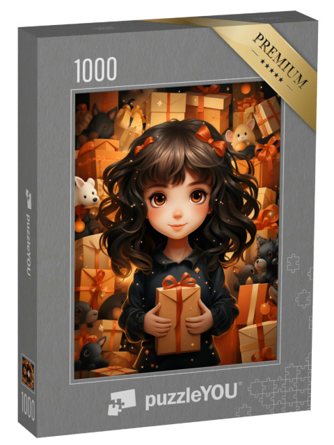 puzzle 1000 dílků „Dívka obklopená mnoha vánočními dárky“