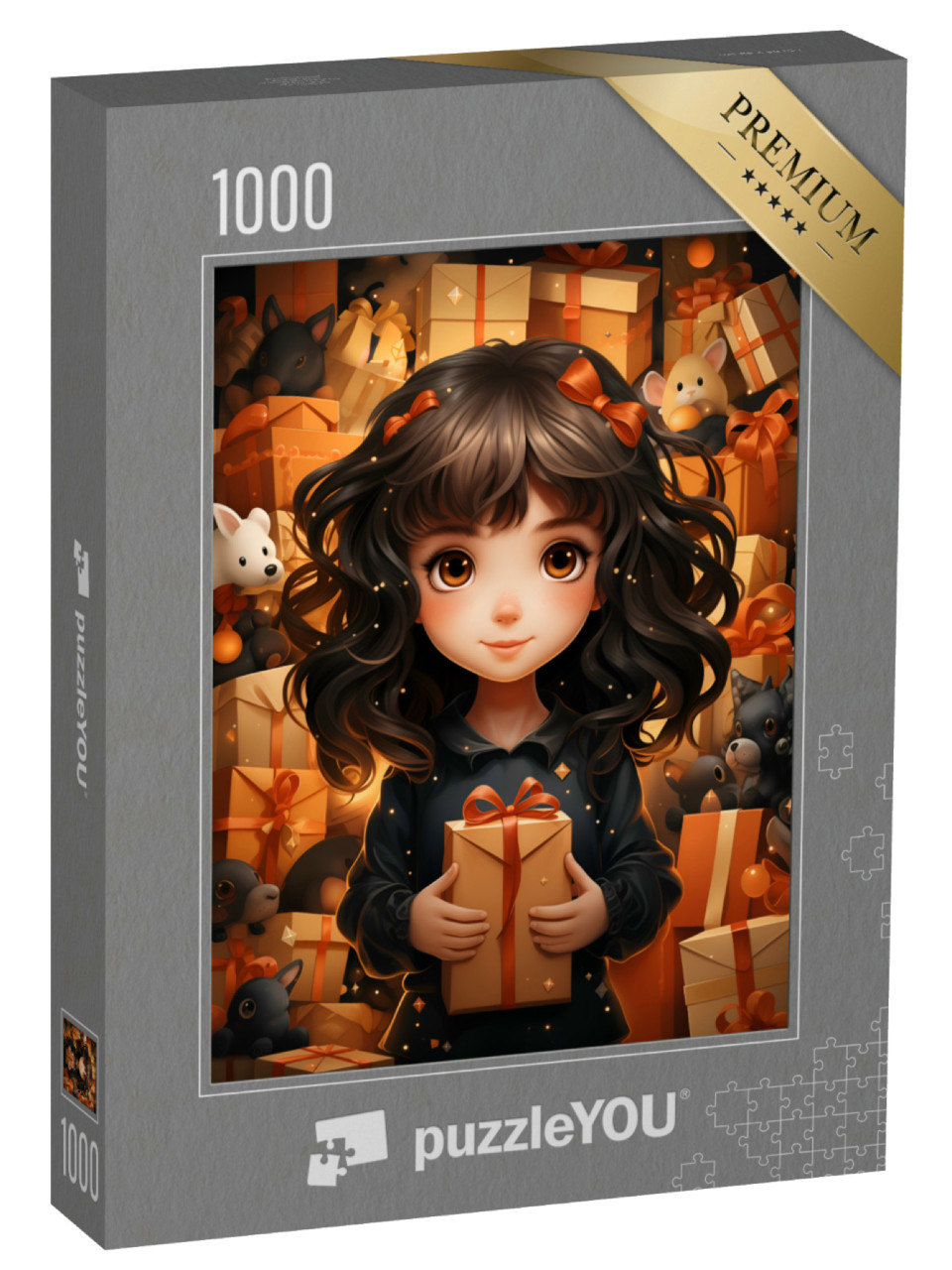puzzle 1000 dílků „Dívka obklopená mnoha vánočními dárky“