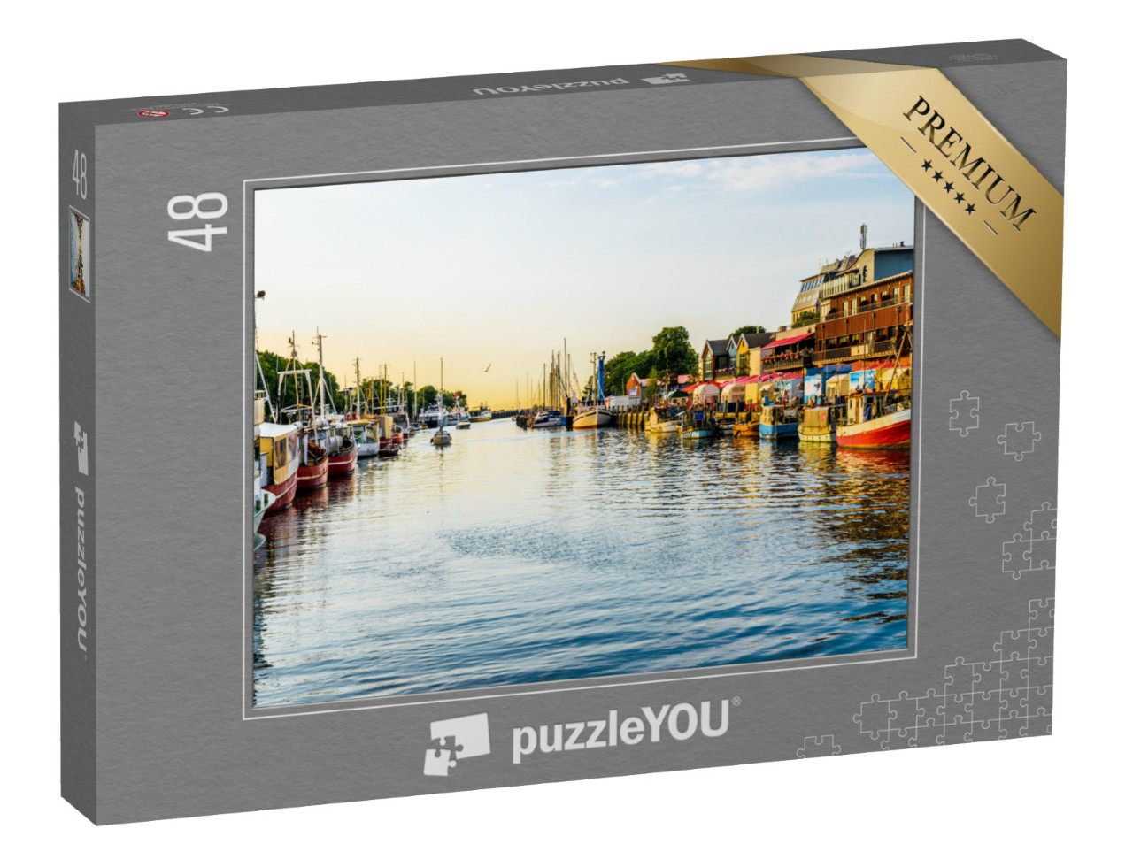 puzzle 48 dílků „Kanál s loděmi a Baltským mořem ve Warnemünde, Rostock, Německo“