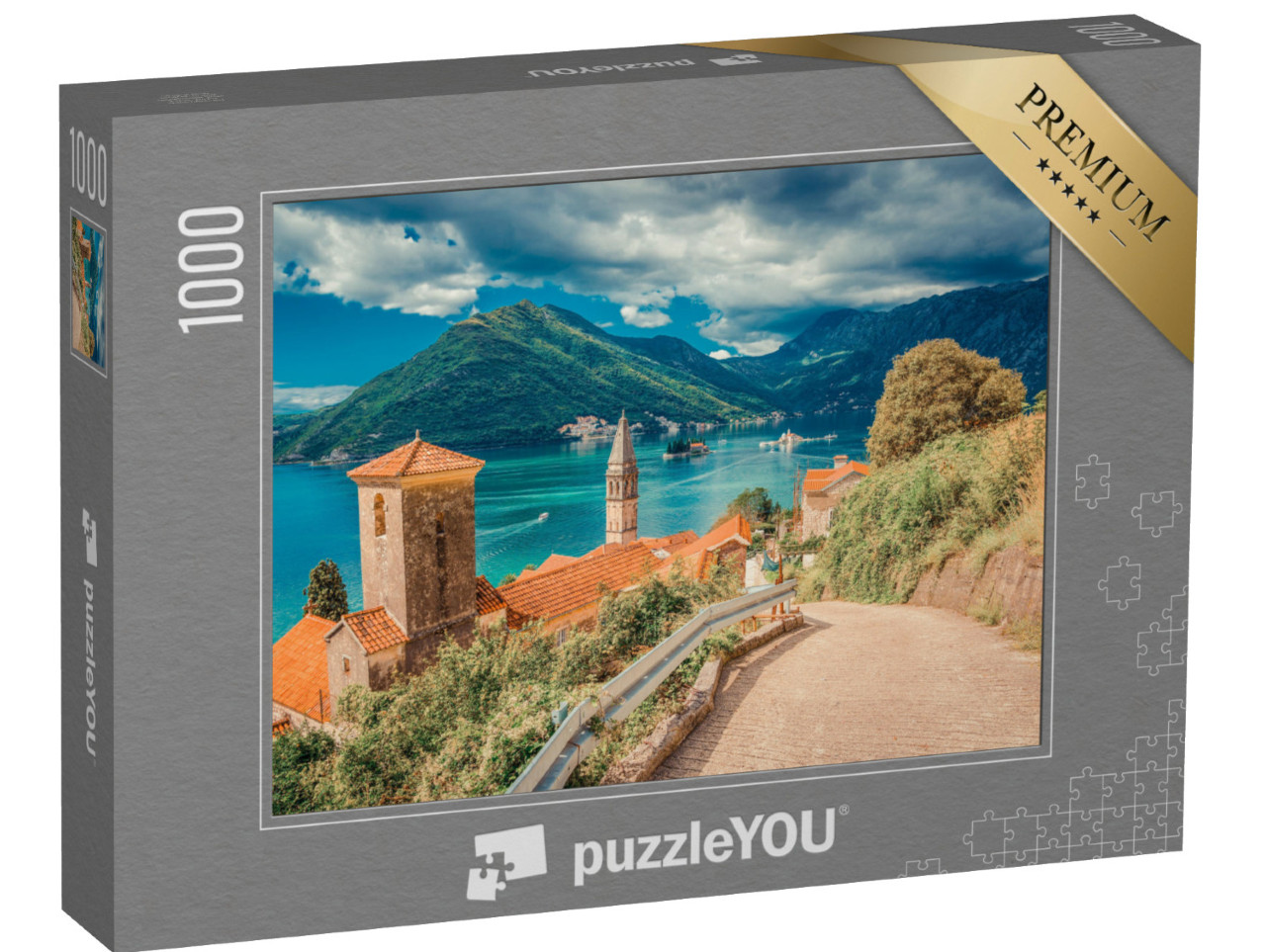 puzzle 1000 dílků „Přístav a budovy zálivu Boka Kotor ve slunečním svitu, Černá Hora“