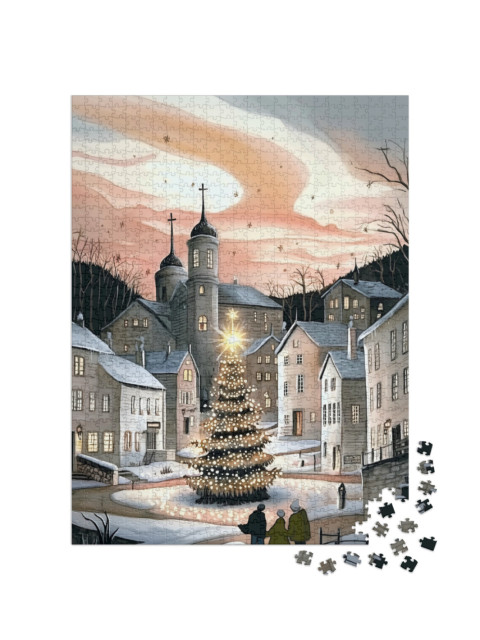 puzzle 1000 dílků „Vánoční strom září na návsi“