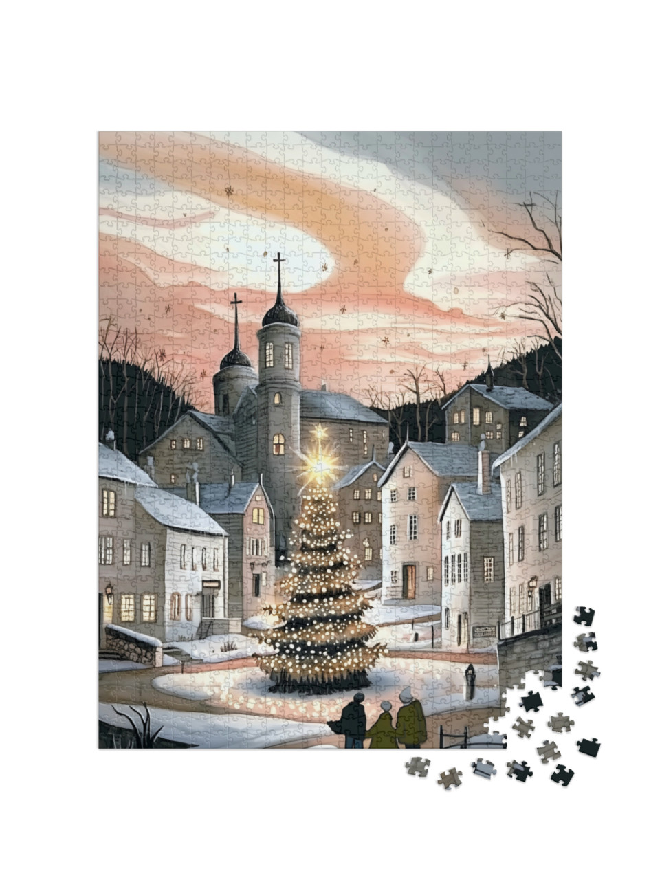 puzzle 1000 dílků „Vánoční strom září na návsi“